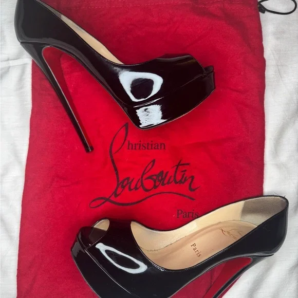 Christian Louboutin Glossy Black Peep Toe Heels - Picture 2 of 8